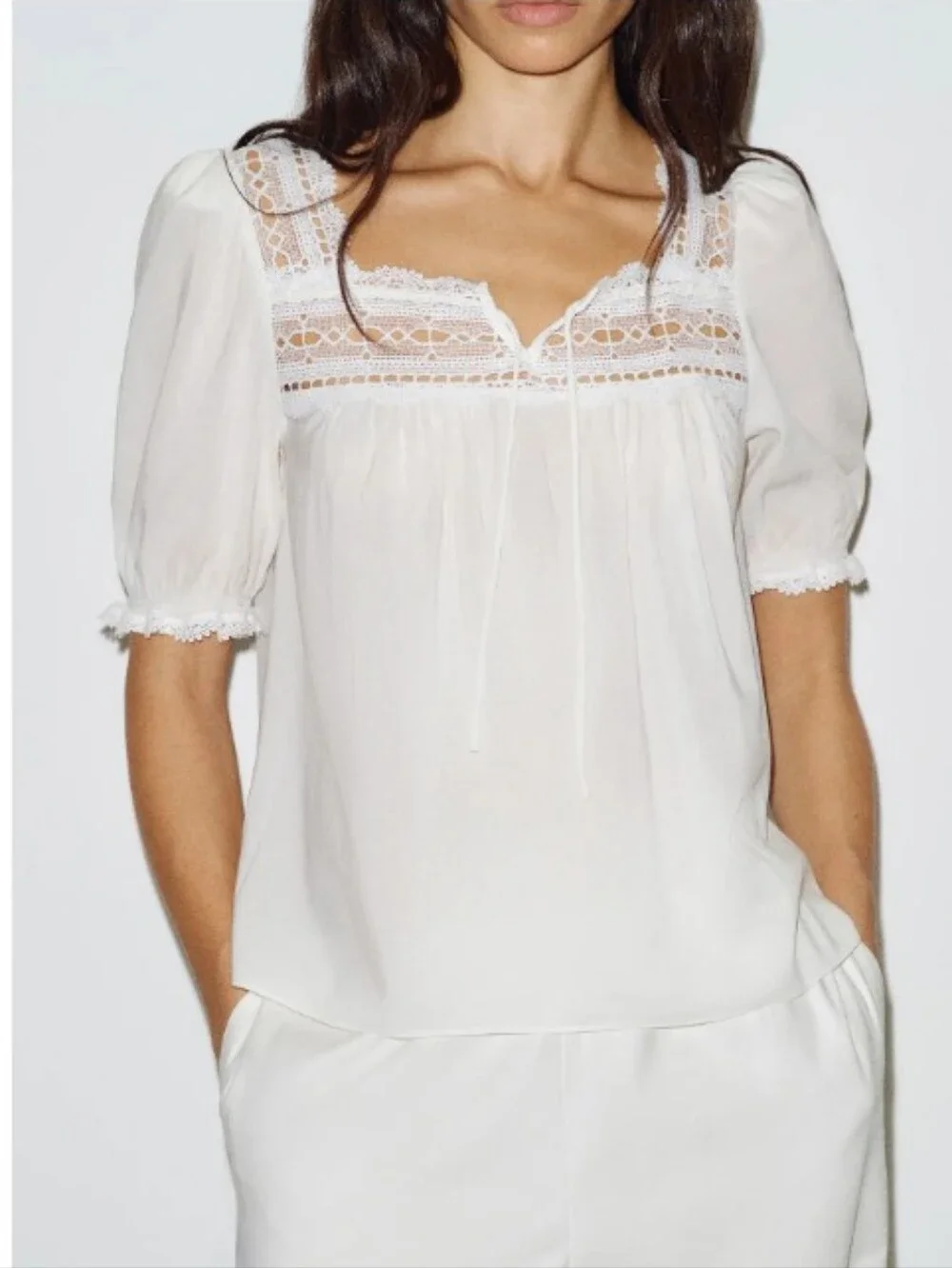Reformation Wildflower Lace Trim Puff Sleeve Organic Cotton Blend Top Size 12